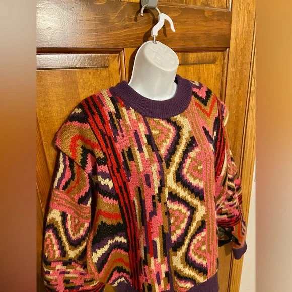 FARM Rio Red Striped Patchwork Sweater slouchy shoulders  chevron pattern Small - Picture 4 of 10